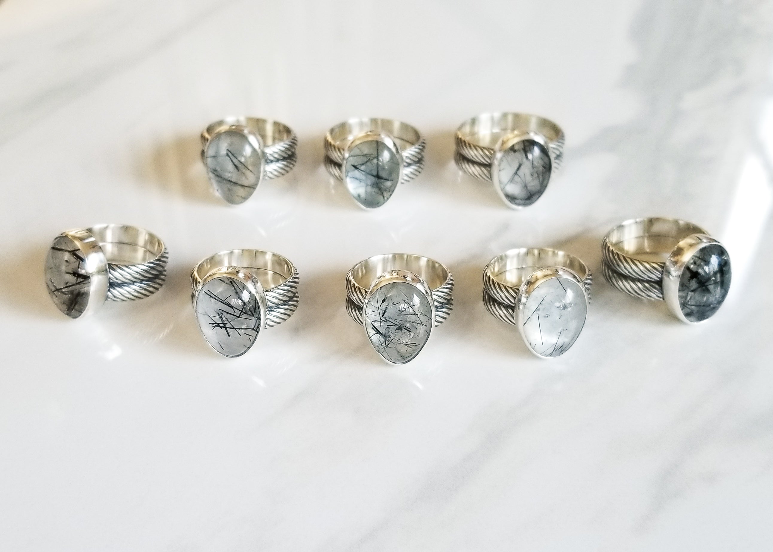 Black rutilated rutile quartz handmade silver rings with wide bands