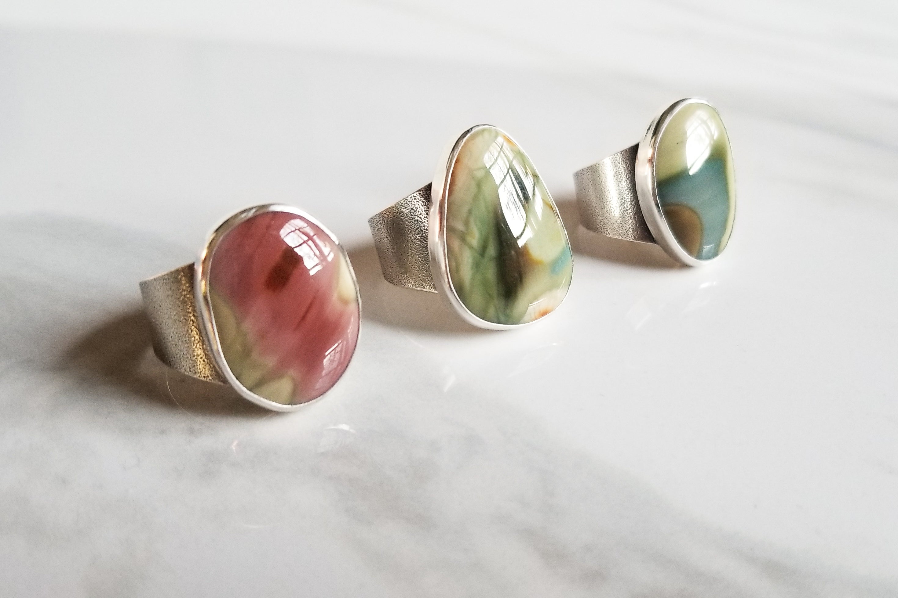 Unique imperial jasper handmade silver rings with tapered bands